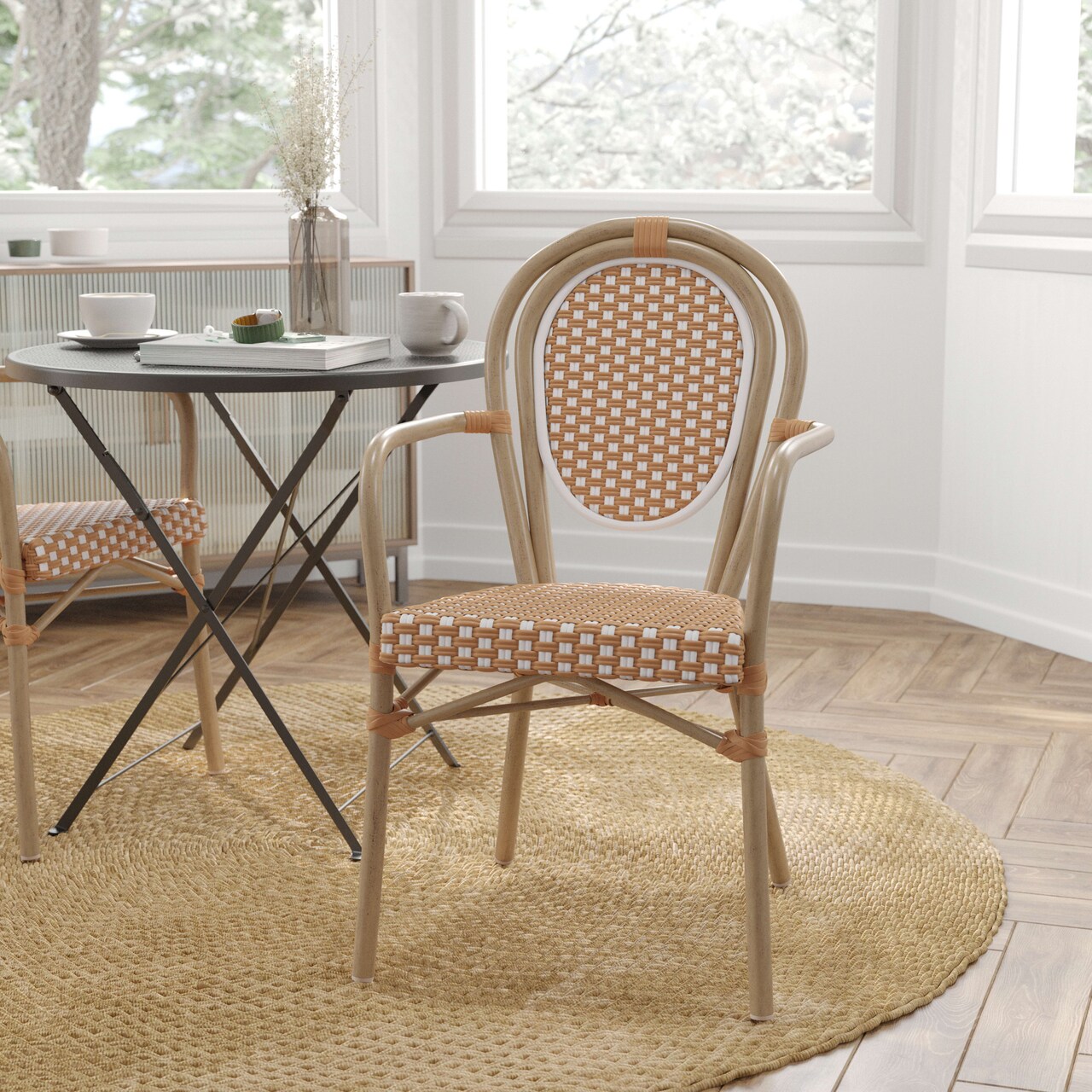 Merrick Lane Celia Stacking Thonet Bistro Style Chair, PE Rattan Seat, and Metal Frame for Indoor/Outdoor Use
